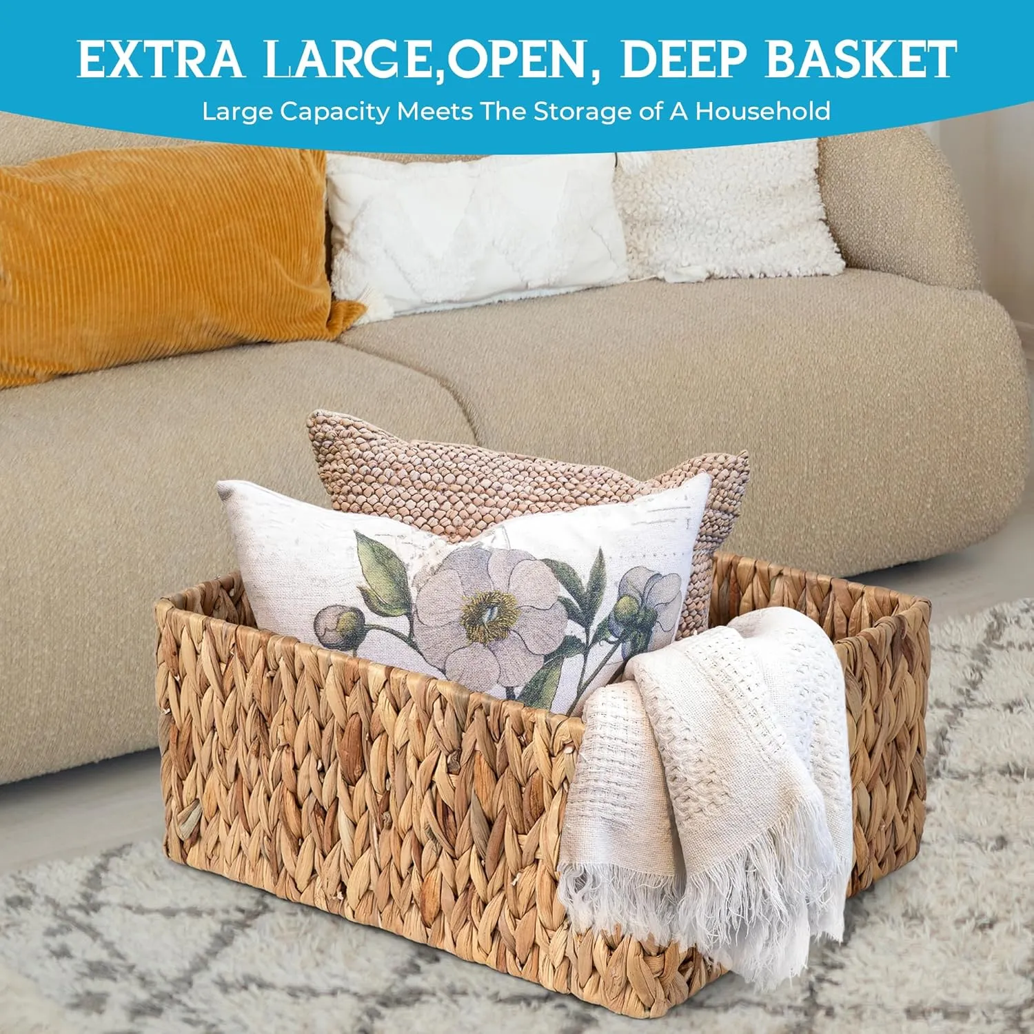 Jumbo Wicker Basket for Orgainzing, Extra Large Rectangular Water Hyacinth Storage Wicker Shelf Basket with Built-in Handles, 1 Pack