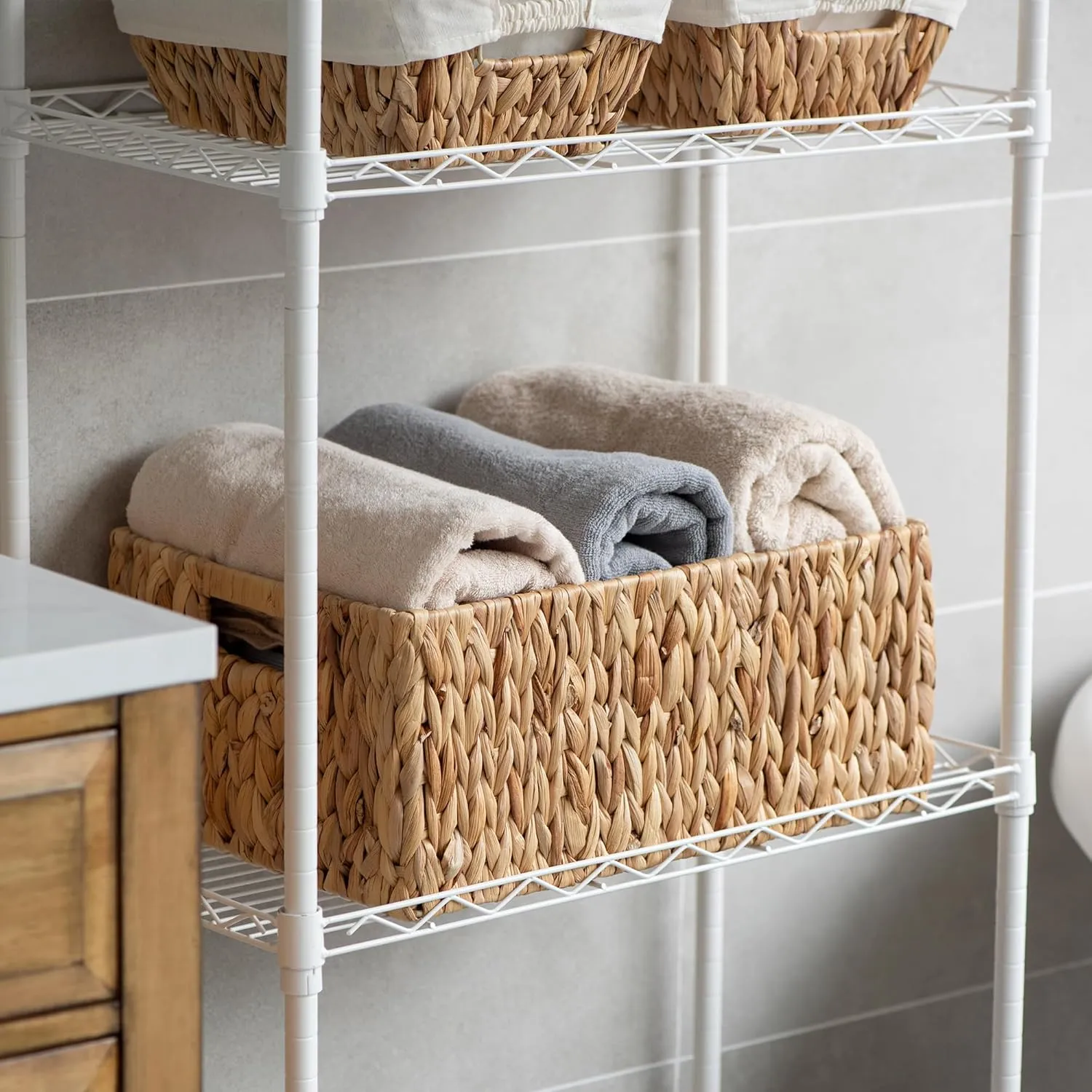 Jumbo Wicker Basket for Orgainzing, Extra Large Rectangular Water Hyacinth Storage Wicker Shelf Basket with Built-in Handles, 1 Pack