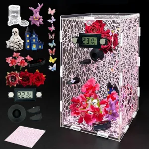Jumping Spider Enclosure Kit,DIY Insects Enclosure Habitat,Small Reptile Terrarium Glass House Accessories Set,with Temperature and Humidity Detector,Water Feeder Platform Hide,5.5“x5.5”x9.5“ (Pink)
