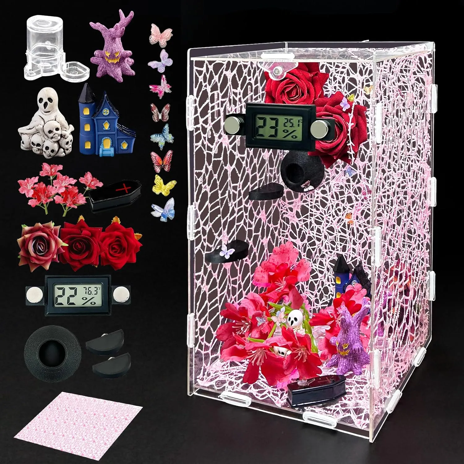 Jumping Spider Enclosure Kit,DIY Insects Enclosure Habitat,Small Reptile Terrarium Glass House Accessories Set,with Temperature and Humidity Detector,Water Feeder Platform Hide,5.5“x5.5”x9.5“ (Pink)