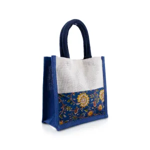 Jute Handbag - 8 x 8 Inches | Velcro Print Jute Tote Bag/ Kalamkari Cloth Jute Carry Bag for Women