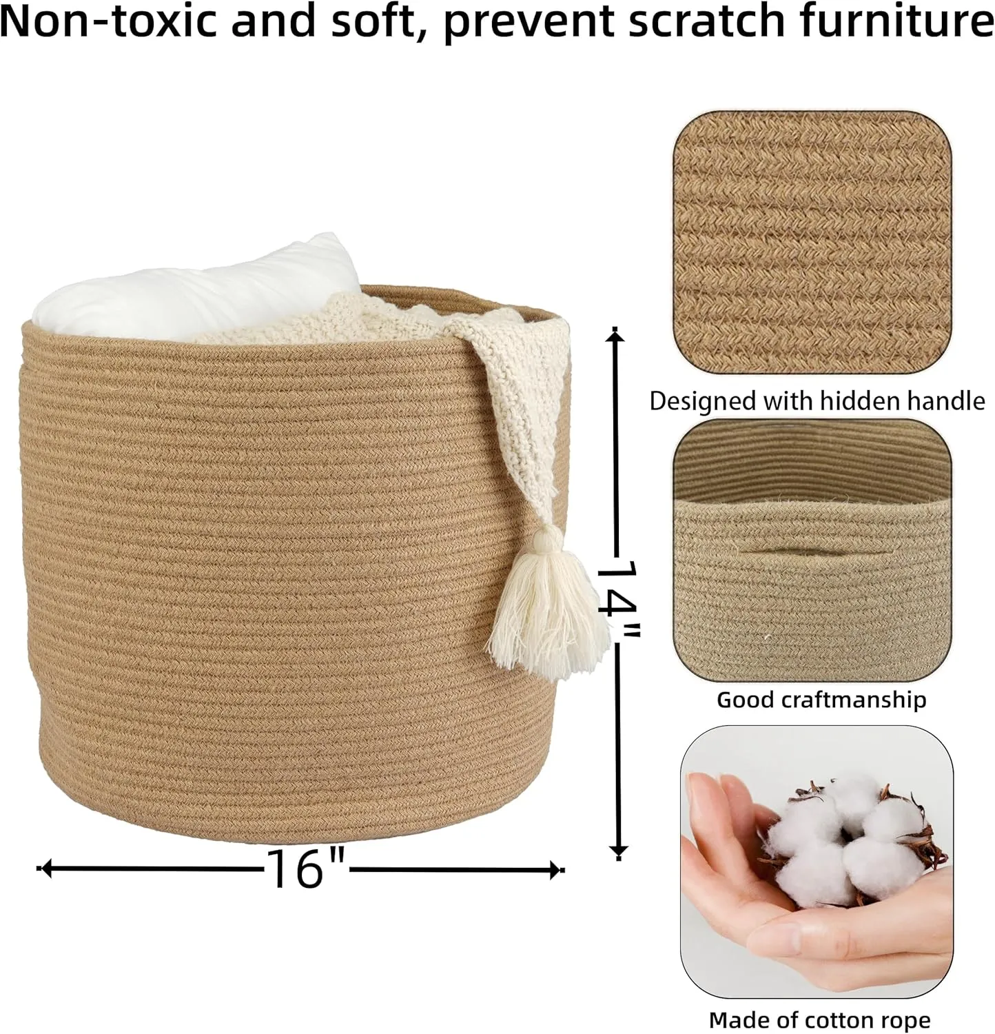 Jute Rope Basket For Girls Boys Kids 16”X14” Baby Laundry Baskets Nursery Bin Round Woven Basket Organizer For Storage Toys Blankets Shoes Clothes