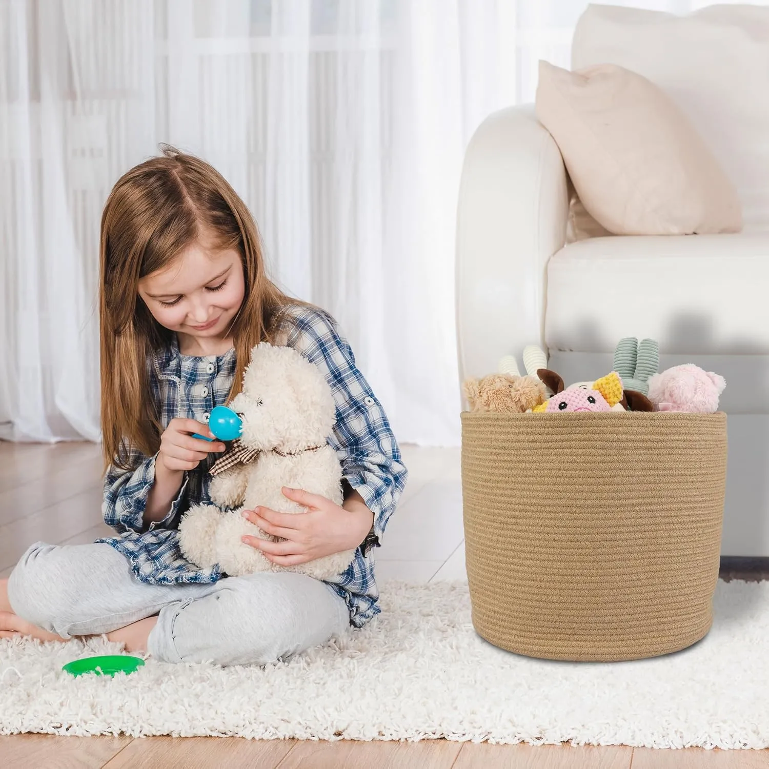 Jute Rope Basket For Girls Boys Kids 16”X14” Baby Laundry Baskets Nursery Bin Round Woven Basket Organizer For Storage Toys Blankets Shoes Clothes
