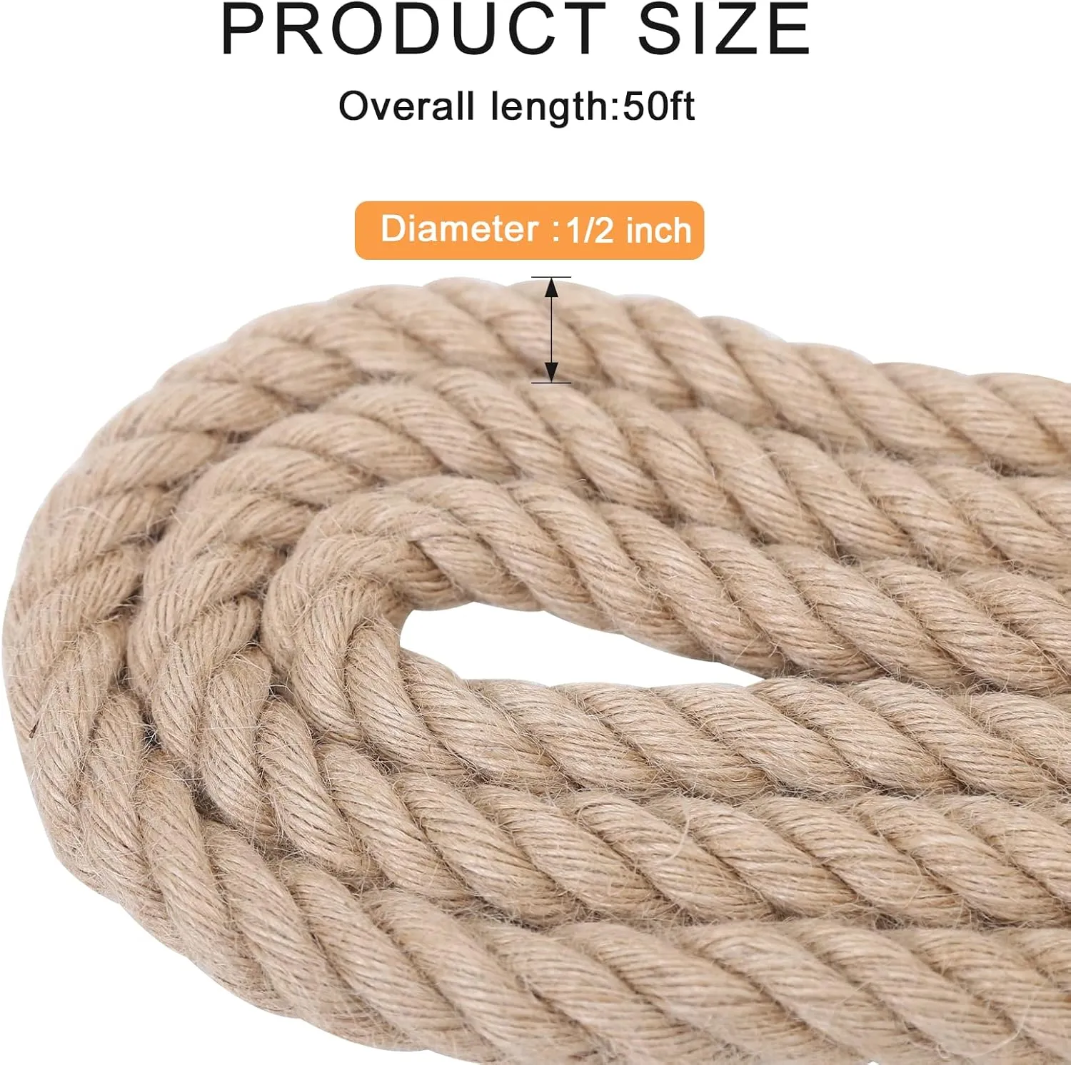 Jute Rope,1/2 inch x 50 FT Natural Twisted Manila Heavy Duty Hemp Ropes for Crafts,Swing for Tree,Gardening, Bundling, Hammock, Nautical, Tug of War, Railings, Home Decorating