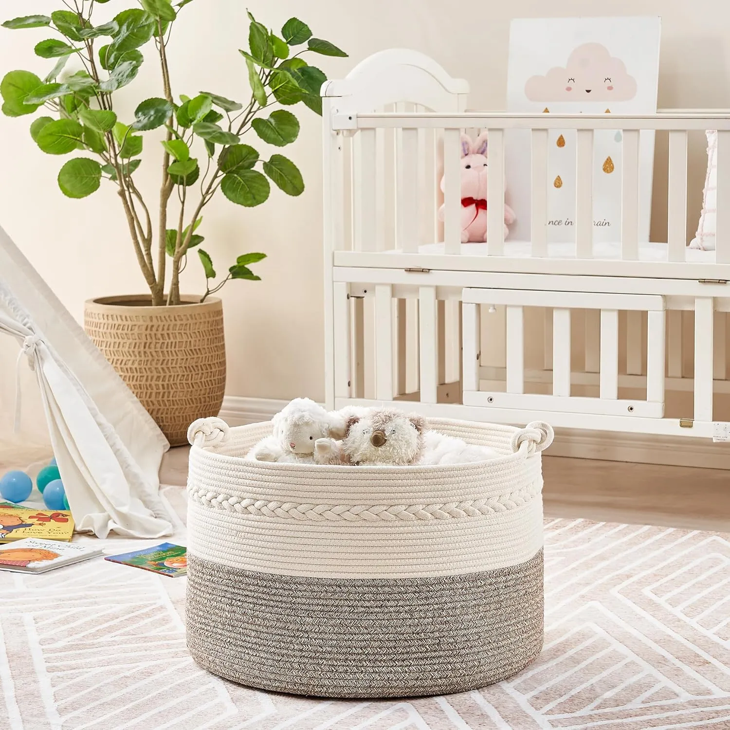 KAKAMAY Large Blanket Basket (20"x13"),Woven Baskets for storage Baby Laundry Hamper, Cotton Rope Blanket Basket for Living Room, Laundry, Nursery, Pillows, Baby Toy chest (White/Beige)