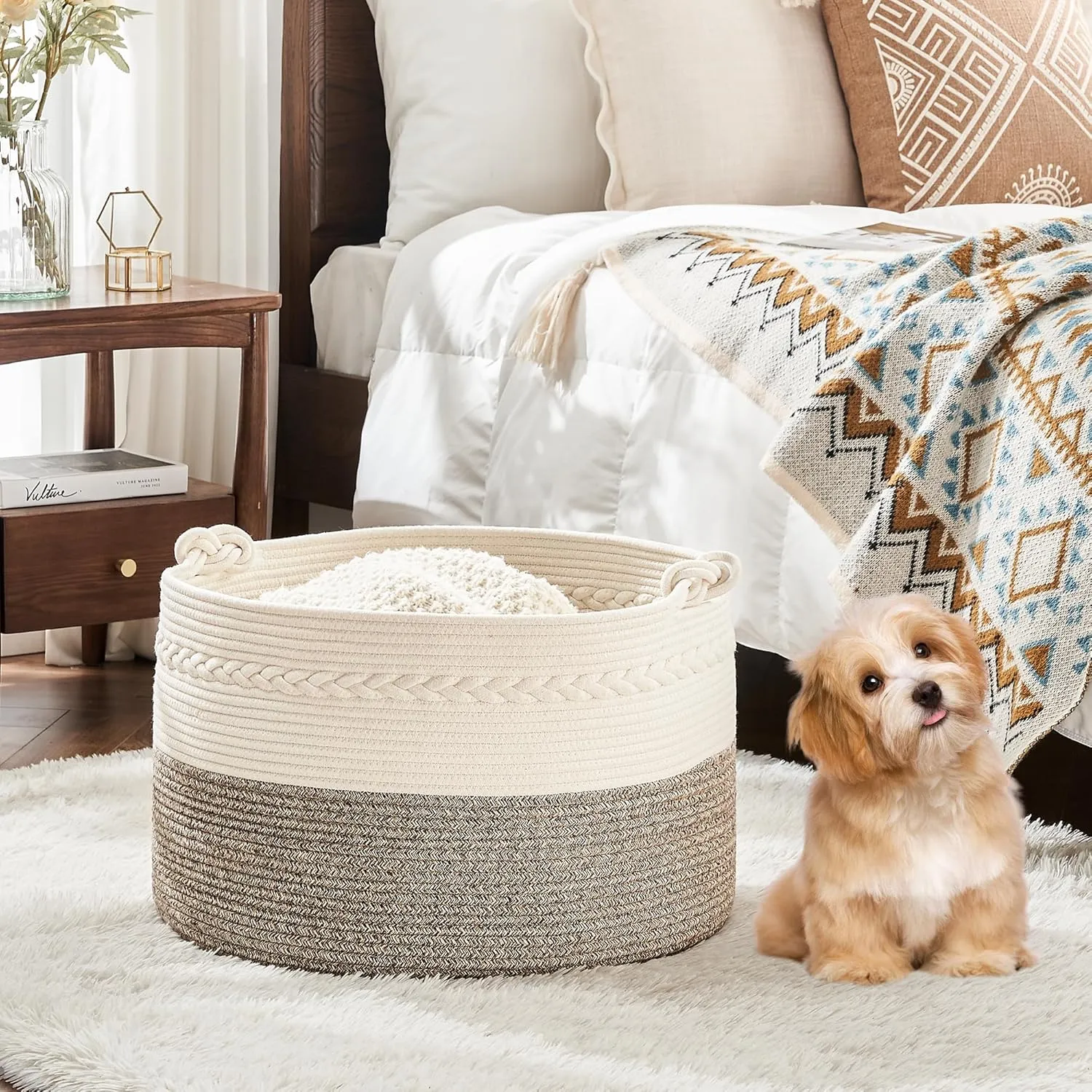 KAKAMAY Large Blanket Basket (20"x13"),Woven Baskets for storage Baby Laundry Hamper, Cotton Rope Blanket Basket for Living Room, Laundry, Nursery, Pillows, Baby Toy chest (White/Beige)