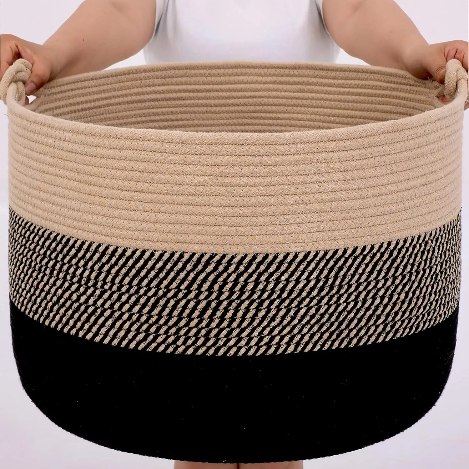 KAKAMAY Large Blanket Basket (20"x13"),Woven Rope Baskets for storage Baby Laundry Hamper, Cotton Rope Blanket Basket for Living Room, Laundry, Nursery, Pillows,Baby Toy chest (Jute/Black)