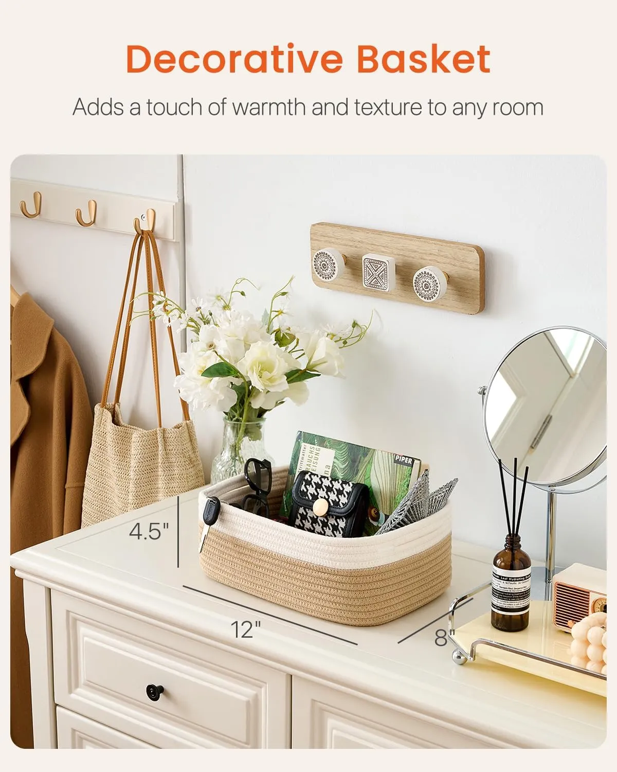 KALLAX Small Woven Basket, 12 x 8 x 4.5 Inches, Storage Basket for Organizing, Cute Small Rope Shelf Closet Cube Storage Bins Baskets for Shelves, Dog Toy Gift Baskets Empty, 3 Pack White & Brown