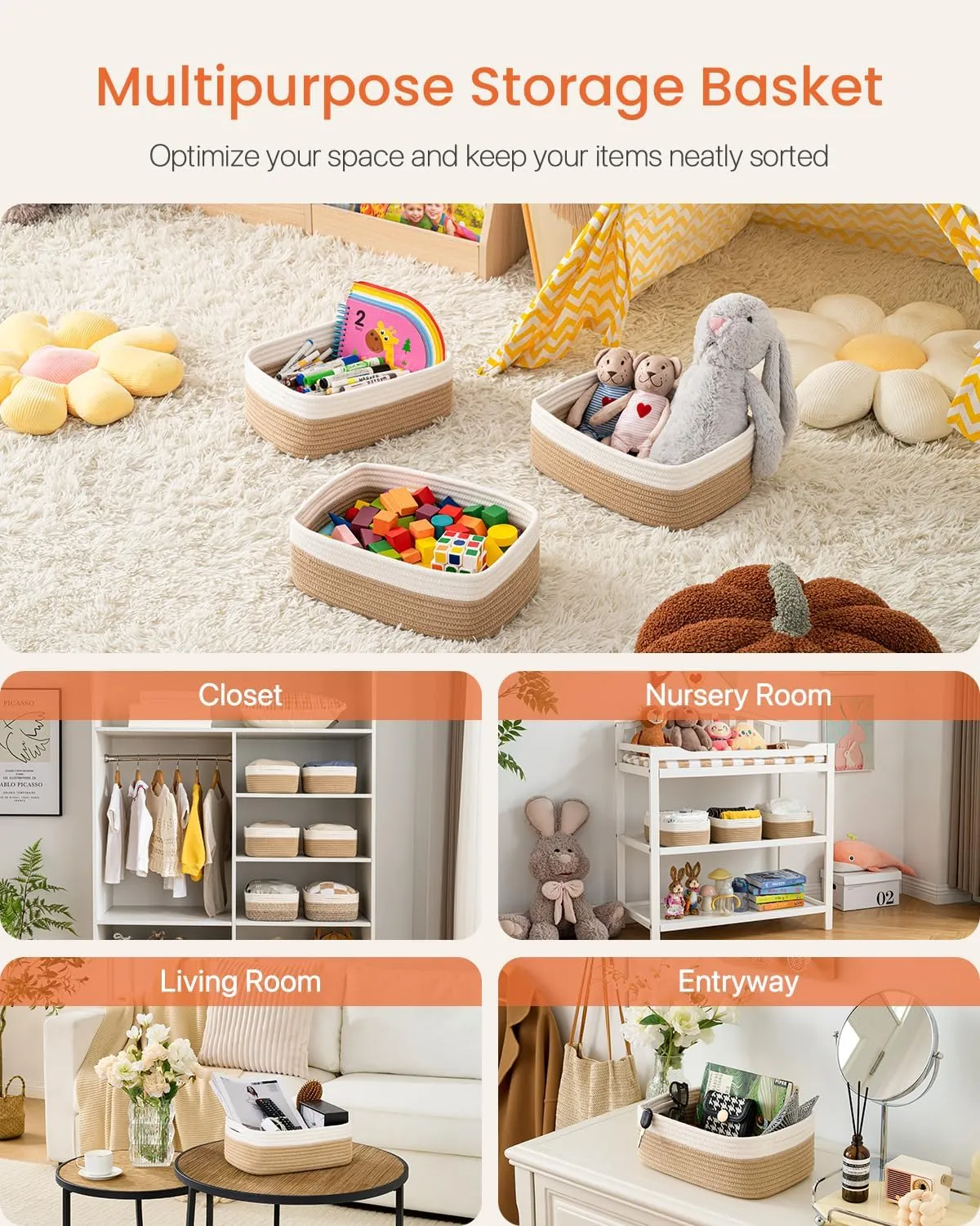 KALLAX Small Woven Basket, 12 x 8 x 4.5 Inches, Storage Basket for Organizing, Cute Small Rope Shelf Closet Cube Storage Bins Baskets for Shelves, Dog Toy Gift Baskets Empty, 3 Pack White & Brown
