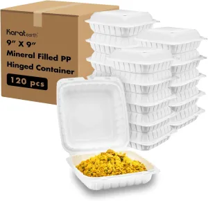 KARAT EARTH Clamshell Take Out Food Containers [9"x9" - 120 ct] To Go Containers | Microwavable, Freezer Safe, Soak-Resistant, Durable, Stackable | Vented for Hot/Cold Foods, White