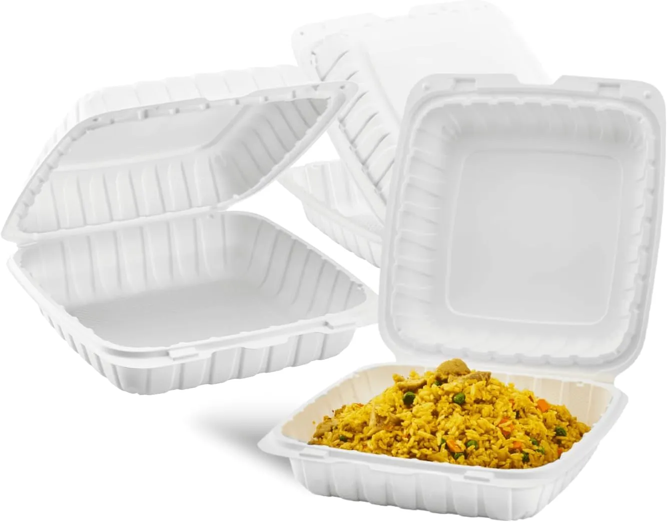 KARAT EARTH Clamshell Take Out Food Containers [9"x9" - 120 ct] To Go Containers | Microwavable, Freezer Safe, Soak-Resistant, Durable, Stackable | Vented for Hot/Cold Foods, White