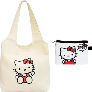 Kawaii Kitty Reusable Canvas Tote Bag for Women Girls, White Grocery Tote Bags with Handles, Cartoon Cloth Shopping Bag Handbag for Work Gym Travel Beach Grocery