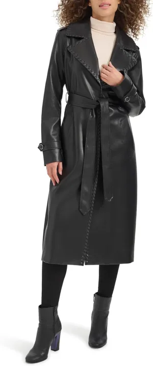 Kenneth Cole Women's Faux Leather Belted Duster with Whip Stitch Detail & Notched Collar