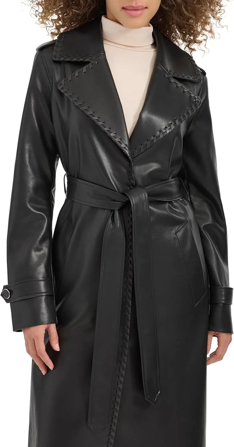 Kenneth Cole Women's Faux Leather Belted Duster with Whip Stitch Detail & Notched Collar