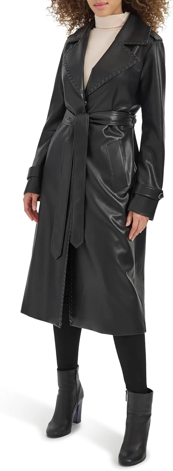 Kenneth Cole Women's Faux Leather Belted Duster with Whip Stitch Detail & Notched Collar