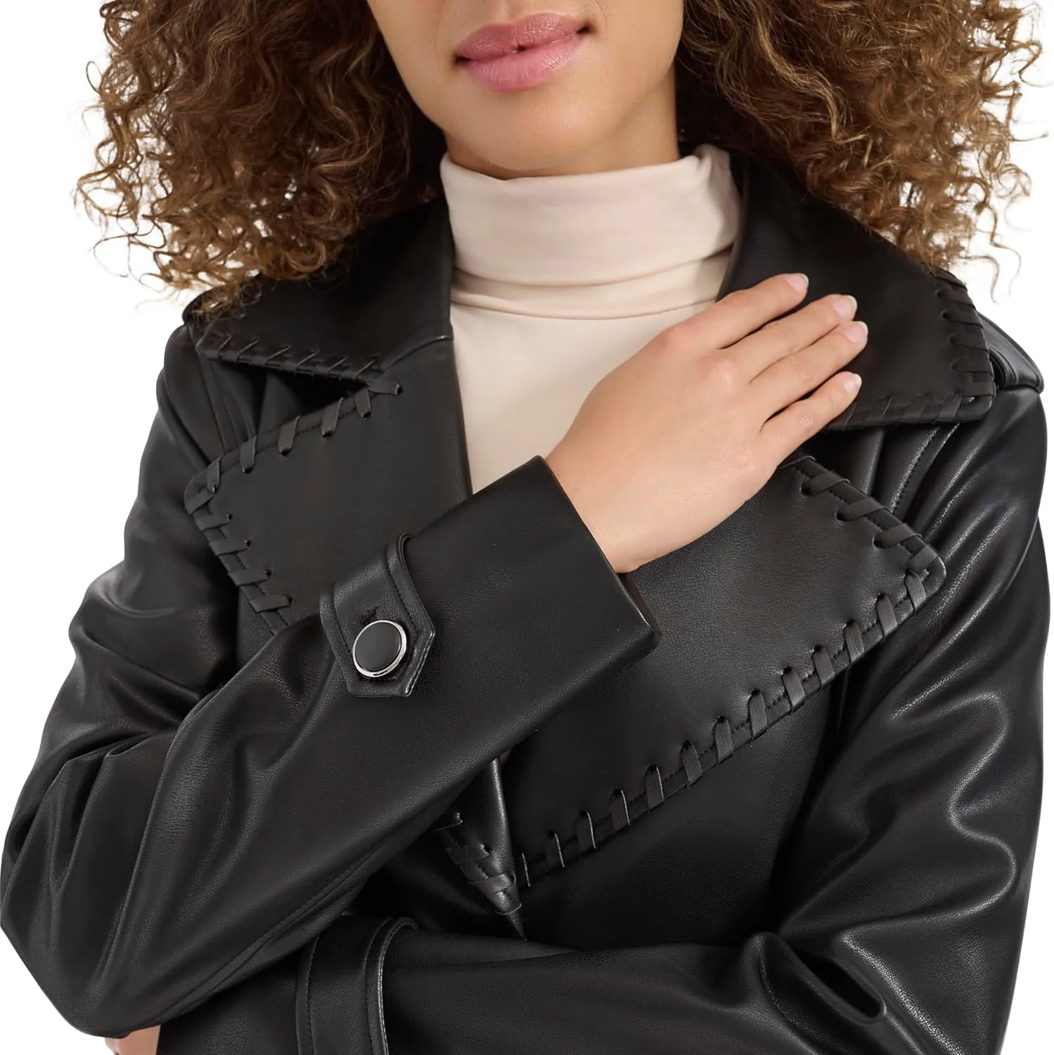 Kenneth Cole Women's Faux Leather Belted Duster with Whip Stitch Detail & Notched Collar