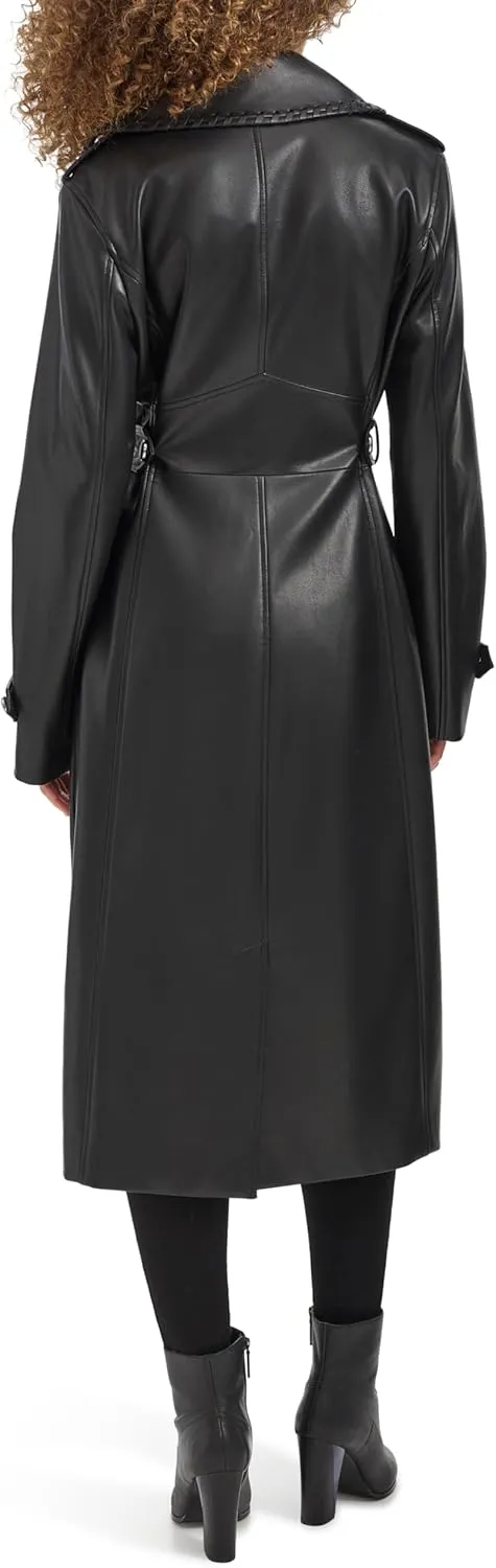 Kenneth Cole Women's Faux Leather Belted Duster with Whip Stitch Detail & Notched Collar