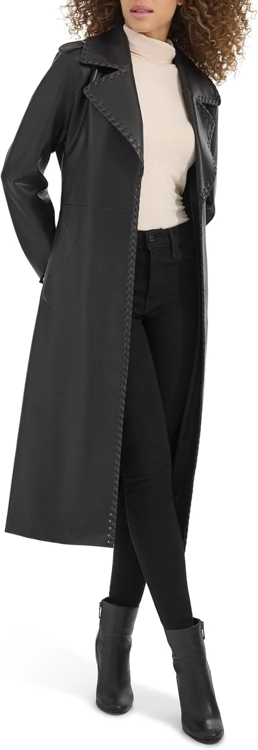 Kenneth Cole Women's Faux Leather Belted Duster with Whip Stitch Detail & Notched Collar
