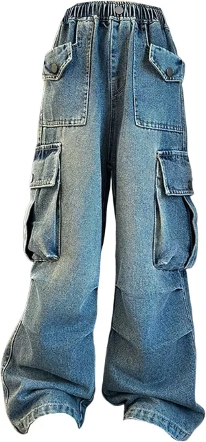 Kids Girls Jeans Wide Leg Denim Pants Baggy Elastic Waist Kids Casual Trousers Y2k Trendy Streetwear Kid Casual Jeans