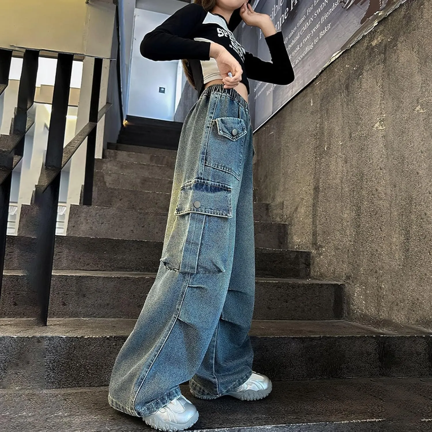 Kids Girls Jeans Wide Leg Denim Pants Baggy Elastic Waist Kids Casual Trousers Y2k Trendy Streetwear Kid Casual Jeans