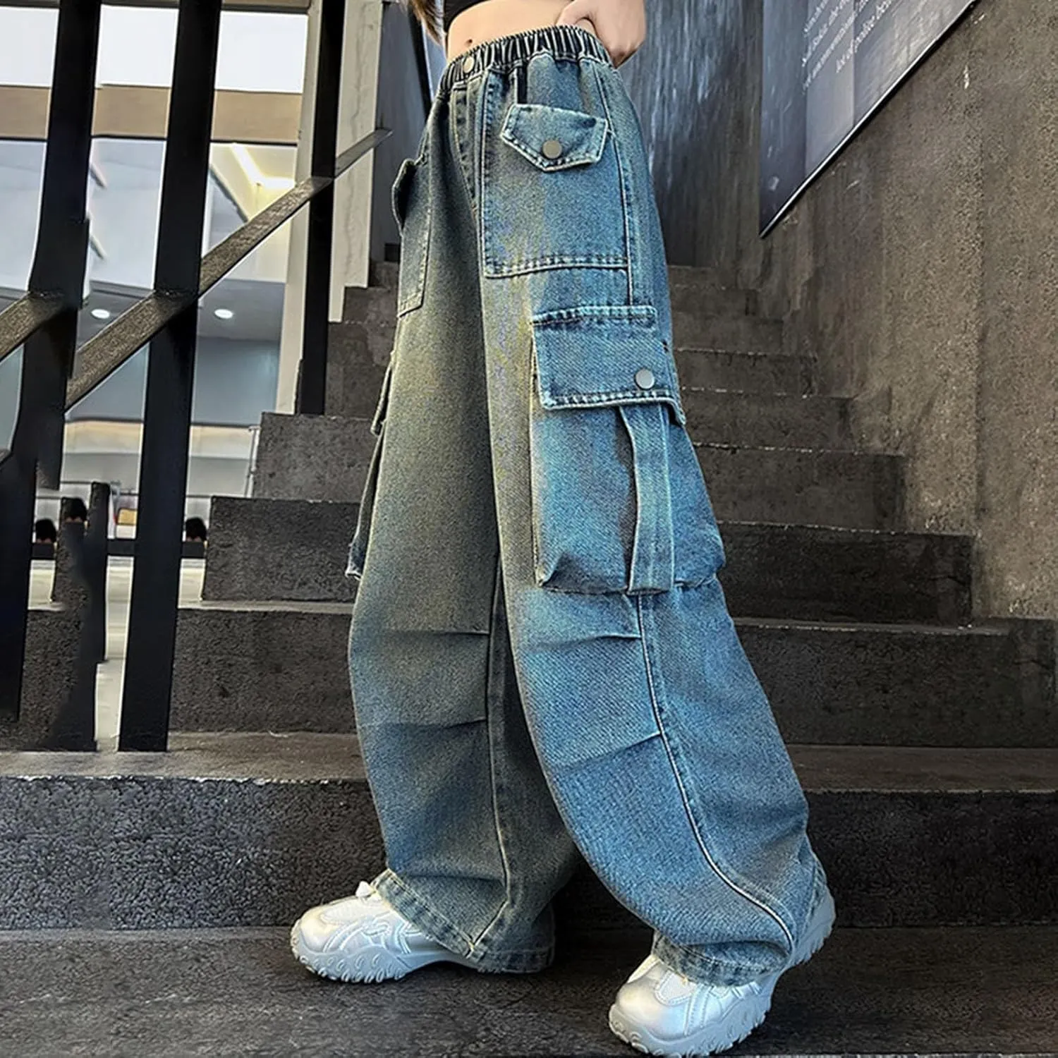 Kids Girls Jeans Wide Leg Denim Pants Baggy Elastic Waist Kids Casual Trousers Y2k Trendy Streetwear Kid Casual Jeans