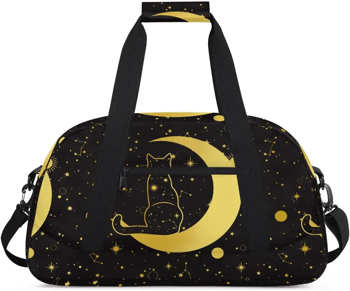 Kids Overnighter Duffel Bags for Boys Girls, Black Cat Moon Carry-On Size Sports Gym Bag for School Practice or Overnight Travel Weekender Sleepover Workout Tote Bag