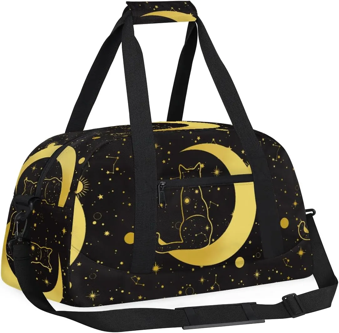 Kids Overnighter Duffel Bags for Boys Girls, Black Cat Moon Carry-On Size Sports Gym Bag for School Practice or Overnight Travel Weekender Sleepover Workout Tote Bag