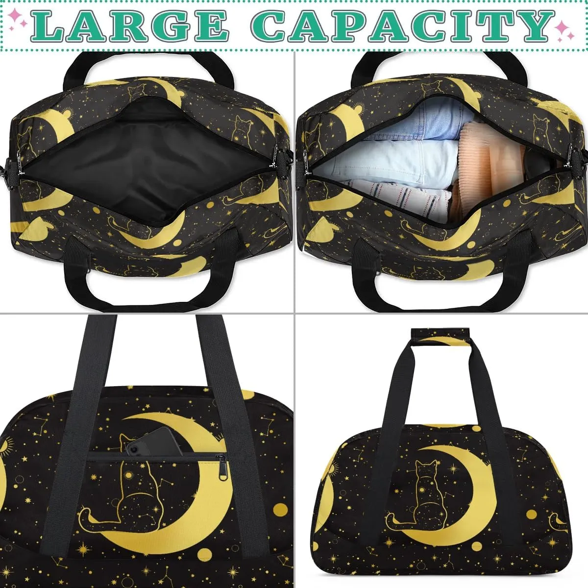 Kids Overnighter Duffel Bags for Boys Girls, Black Cat Moon Carry-On Size Sports Gym Bag for School Practice or Overnight Travel Weekender Sleepover Workout Tote Bag