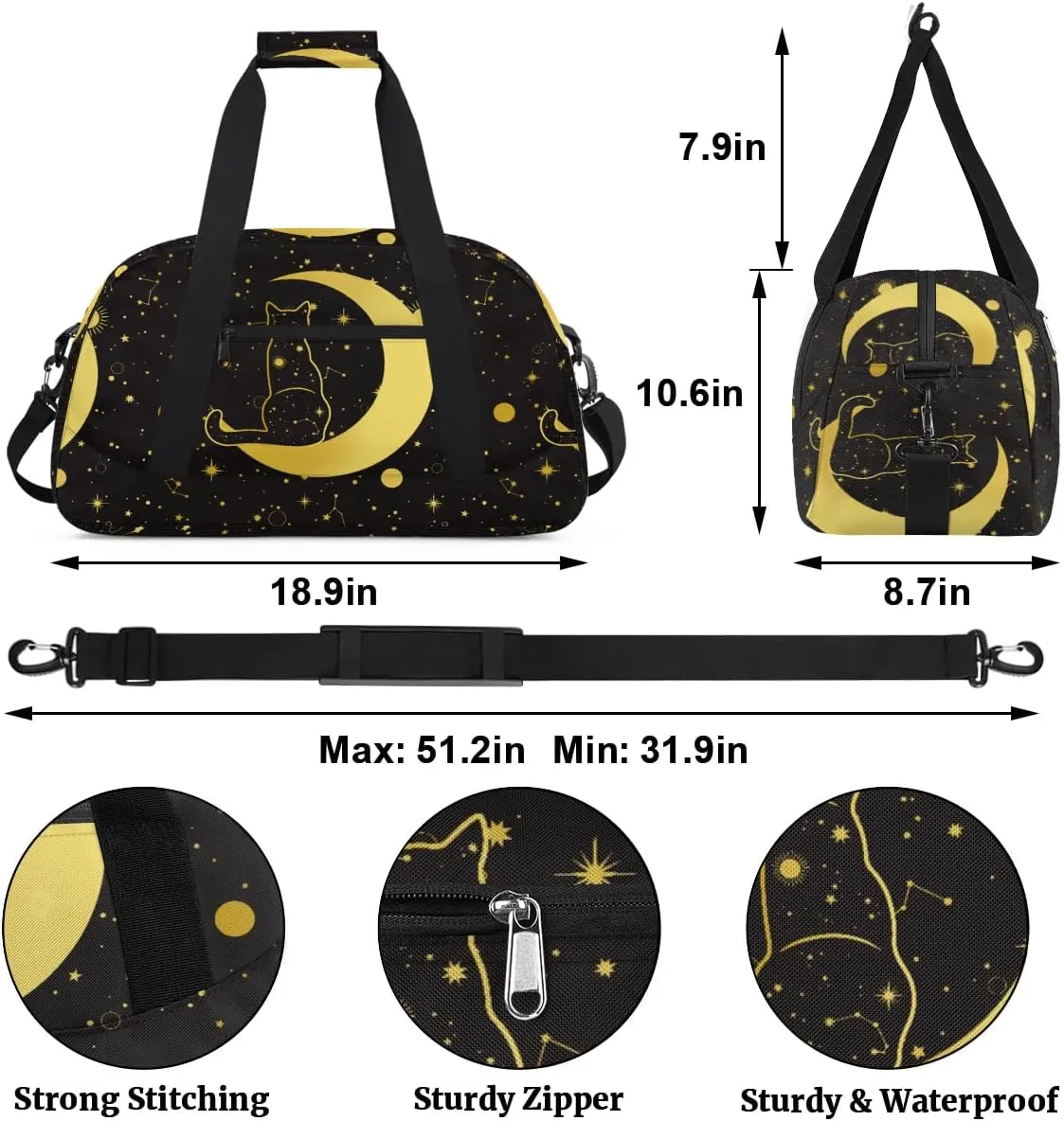 Kids Overnighter Duffel Bags for Boys Girls, Black Cat Moon Carry-On Size Sports Gym Bag for School Practice or Overnight Travel Weekender Sleepover Workout Tote Bag