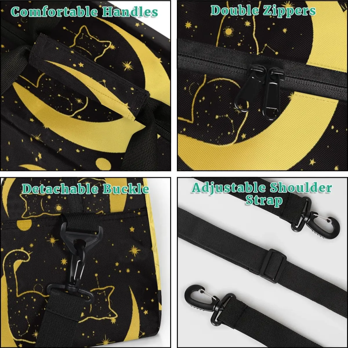 Kids Overnighter Duffel Bags for Boys Girls, Black Cat Moon Carry-On Size Sports Gym Bag for School Practice or Overnight Travel Weekender Sleepover Workout Tote Bag
