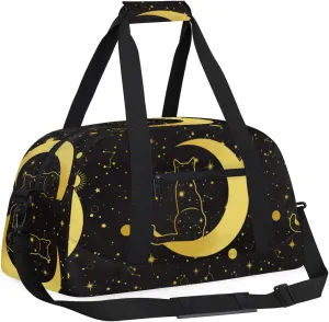 Kids Overnighter Duffel Bags for Boys Girls, Black Cat Moon Carry-On Size Sports Gym Bag for School Practice or Overnight Travel Weekender Sleepover Workout Tote Bag