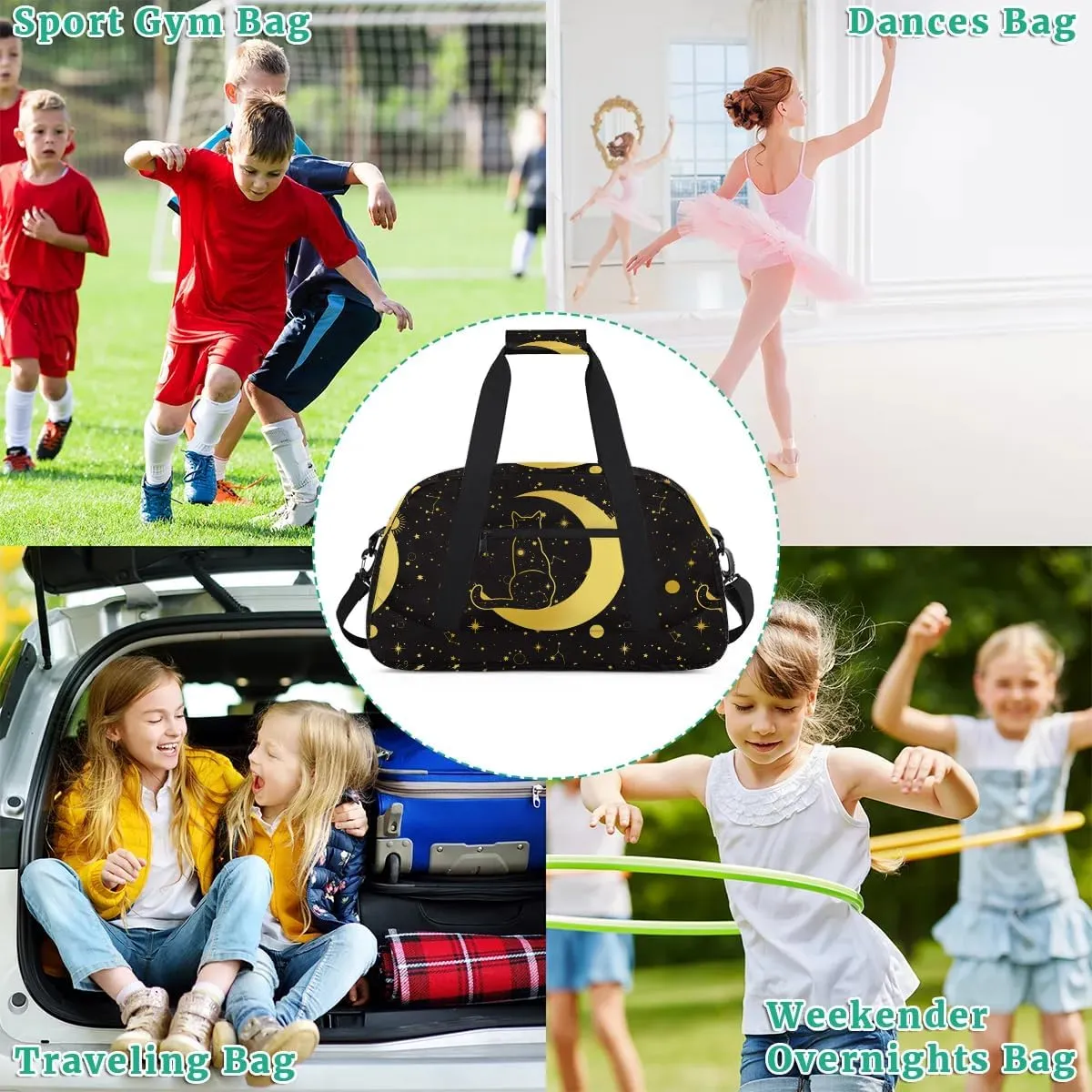 Kids Overnighter Duffel Bags for Boys Girls, Black Cat Moon Carry-On Size Sports Gym Bag for School Practice or Overnight Travel Weekender Sleepover Workout Tote Bag