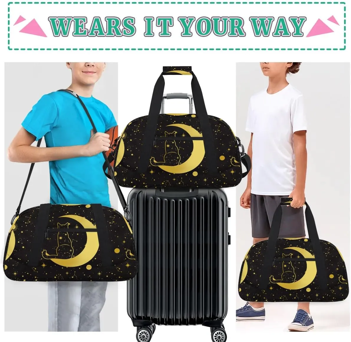 Kids Overnighter Duffel Bags for Boys Girls, Black Cat Moon Carry-On Size Sports Gym Bag for School Practice or Overnight Travel Weekender Sleepover Workout Tote Bag