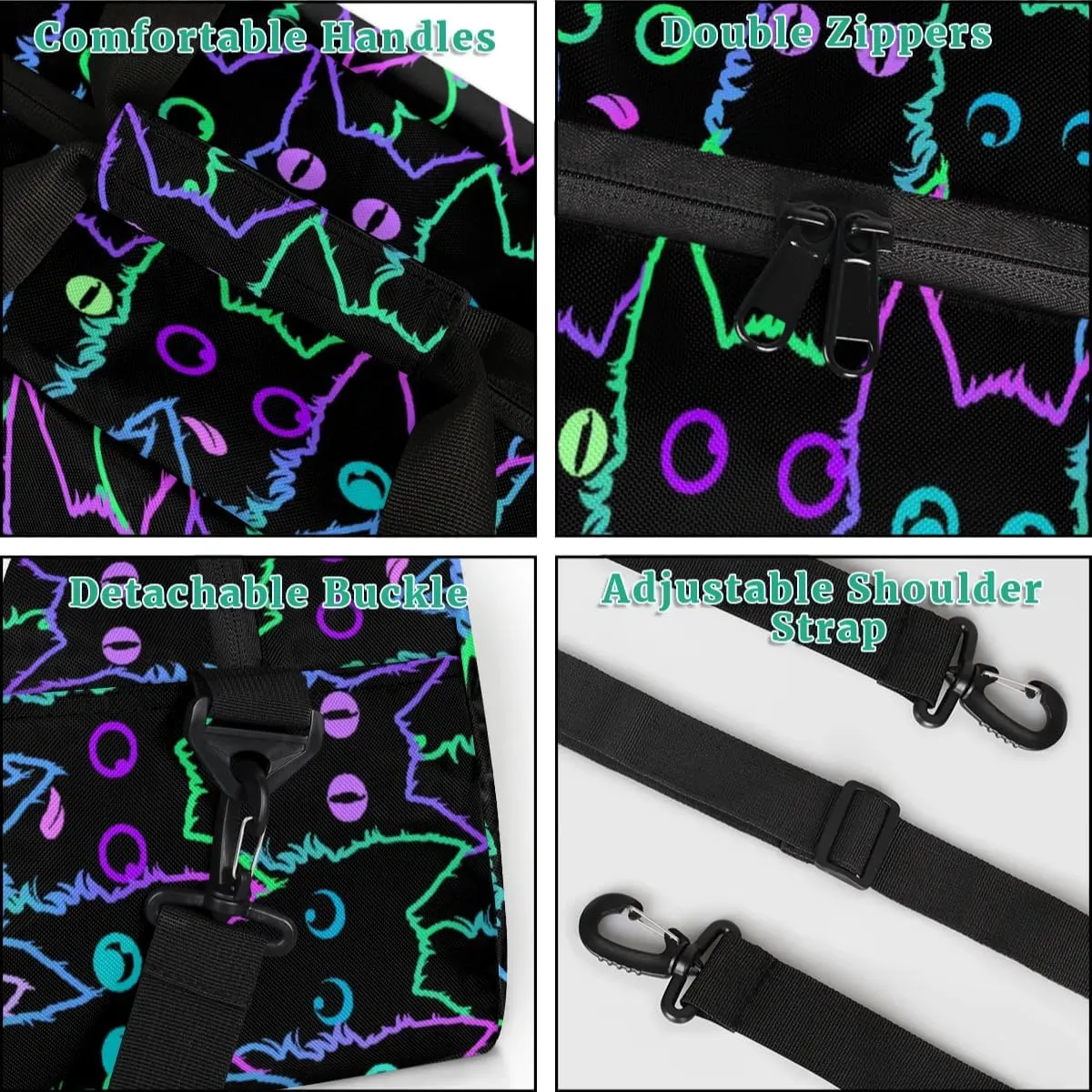 Kids Overnighter Duffel Bags for Boys Girls, Carry-On Size Sports Gym Bag for School Practice or Overnight Travel Weekender Sleepover Workout Tote Bag (Cute Black Cat)