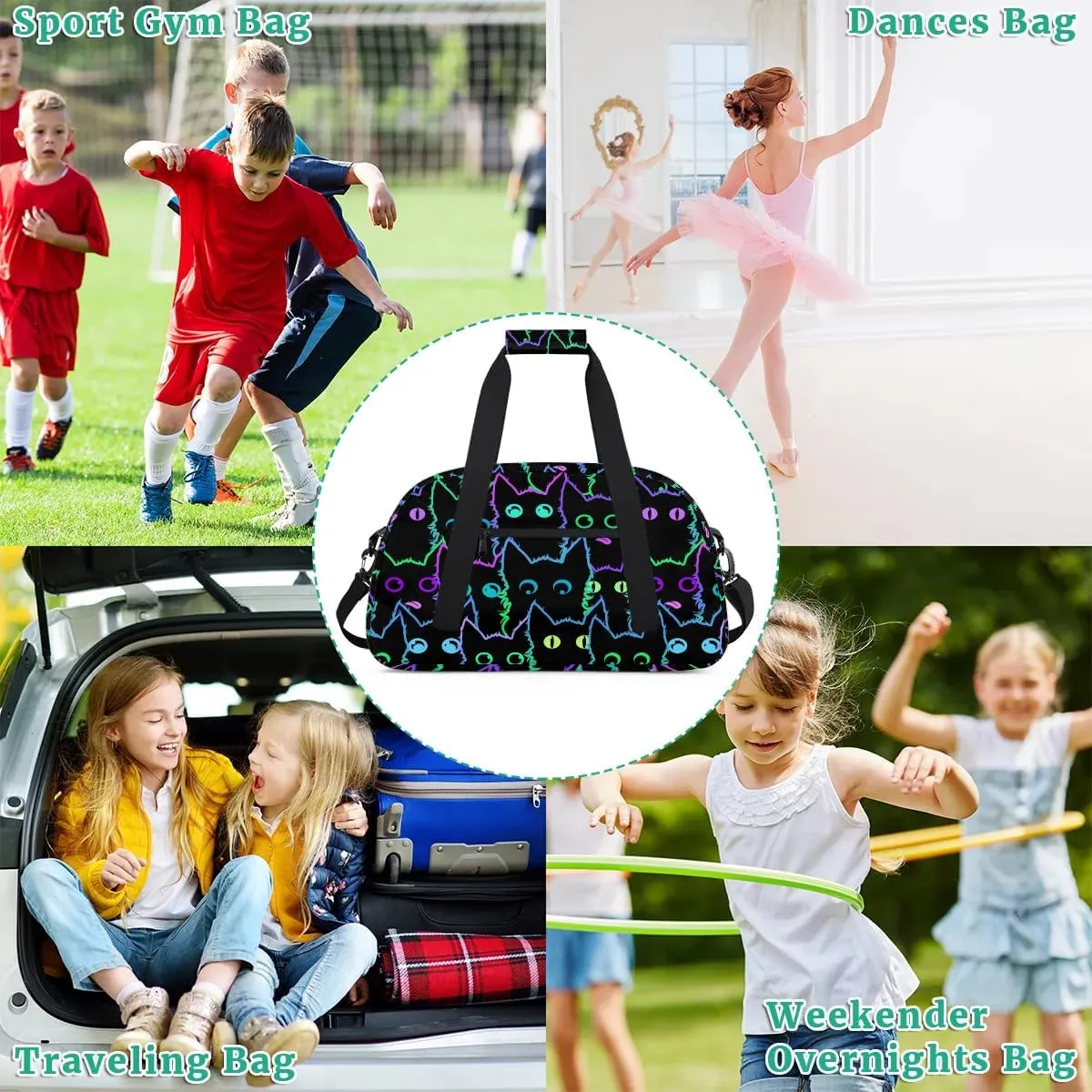 Kids Overnighter Duffel Bags for Boys Girls, Carry-On Size Sports Gym Bag for School Practice or Overnight Travel Weekender Sleepover Workout Tote Bag (Cute Black Cat)