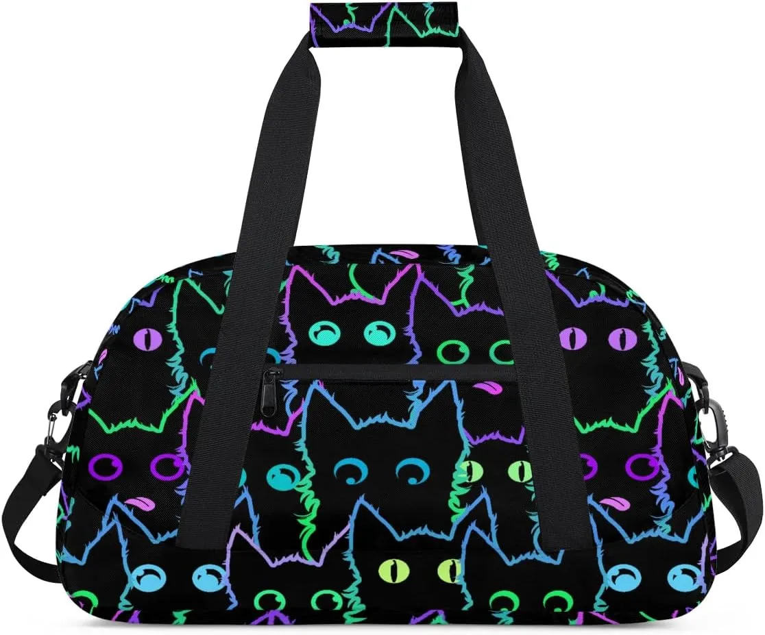 Kids Overnighter Duffel Bags for Boys Girls, Carry-On Size Sports Gym Bag for School Practice or Overnight Travel Weekender Sleepover Workout Tote Bag (Cute Black Cat)