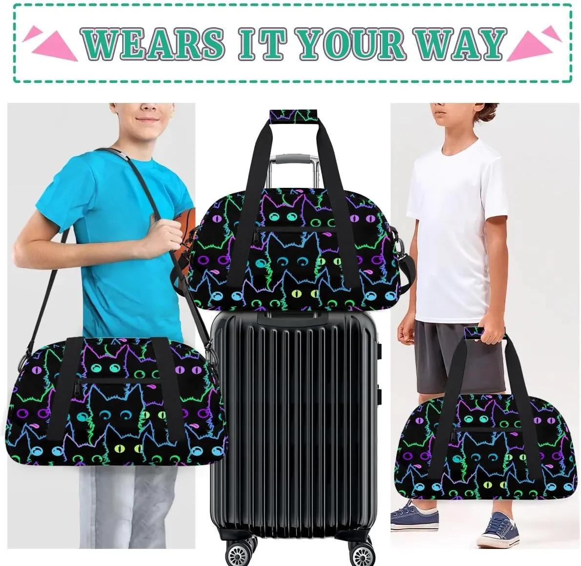 Kids Overnighter Duffel Bags for Boys Girls, Carry-On Size Sports Gym Bag for School Practice or Overnight Travel Weekender Sleepover Workout Tote Bag (Cute Black Cat)