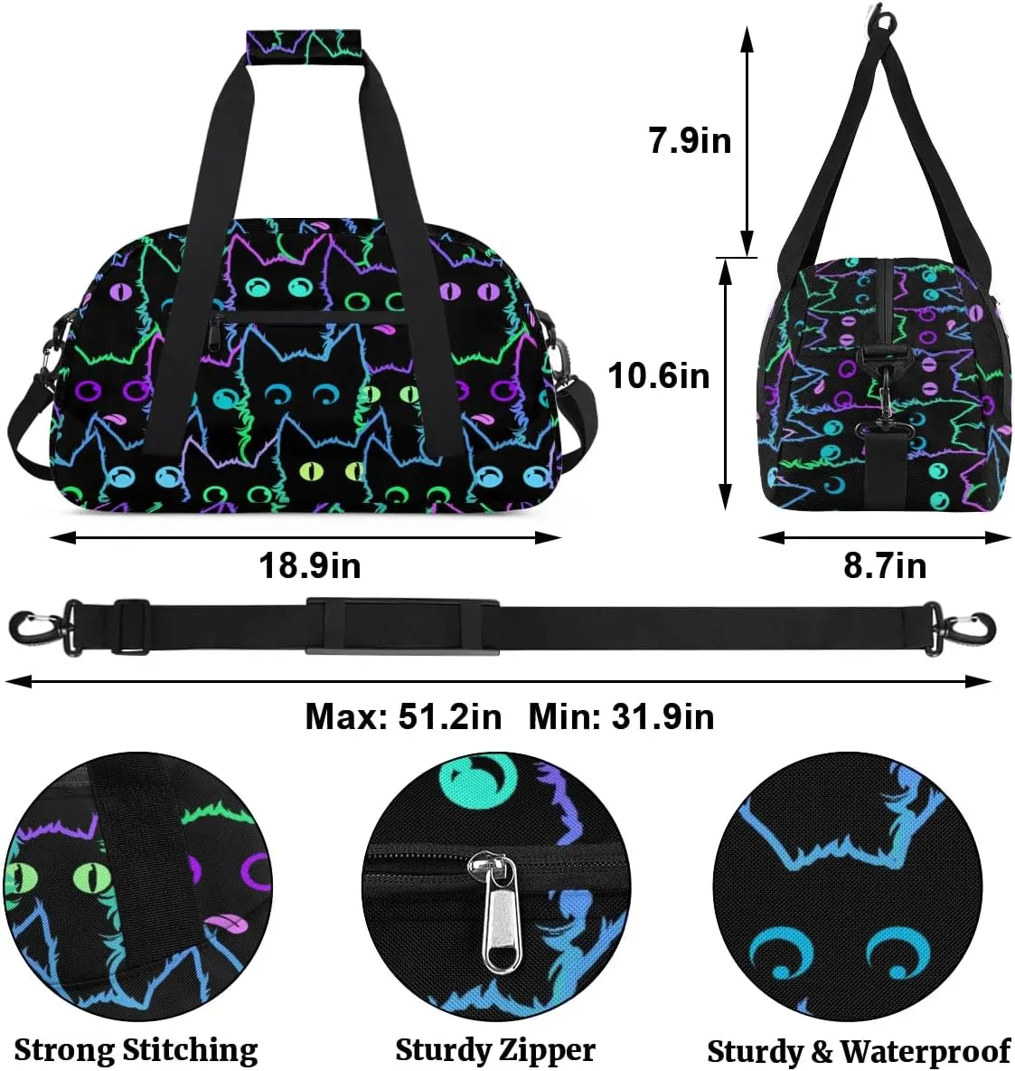 Kids Overnighter Duffel Bags for Boys Girls, Carry-On Size Sports Gym Bag for School Practice or Overnight Travel Weekender Sleepover Workout Tote Bag (Cute Black Cat)