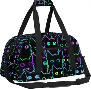 Kids Overnighter Duffel Bags for Boys Girls, Carry-On Size Sports Gym Bag for School Practice or Overnight Travel Weekender Sleepover Workout Tote Bag (Cute Black Cat)