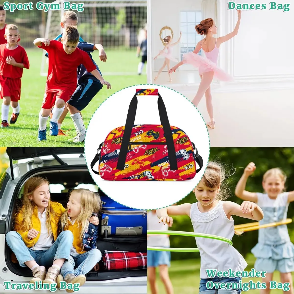 Kids Overnighter Duffel Bags for Boys Girls, Carry-On Size Sports Gym Bag for School Practice or Overnight Travel Weekender Sleepover Workout Tote Bag, Red Game Joysticks