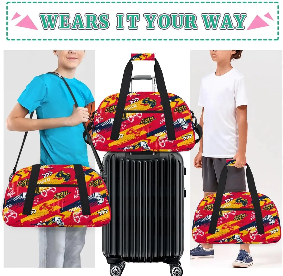 Kids Overnighter Duffel Bags for Boys Girls, Carry-On Size Sports Gym Bag for School Practice or Overnight Travel Weekender Sleepover Workout Tote Bag, Red Game Joysticks