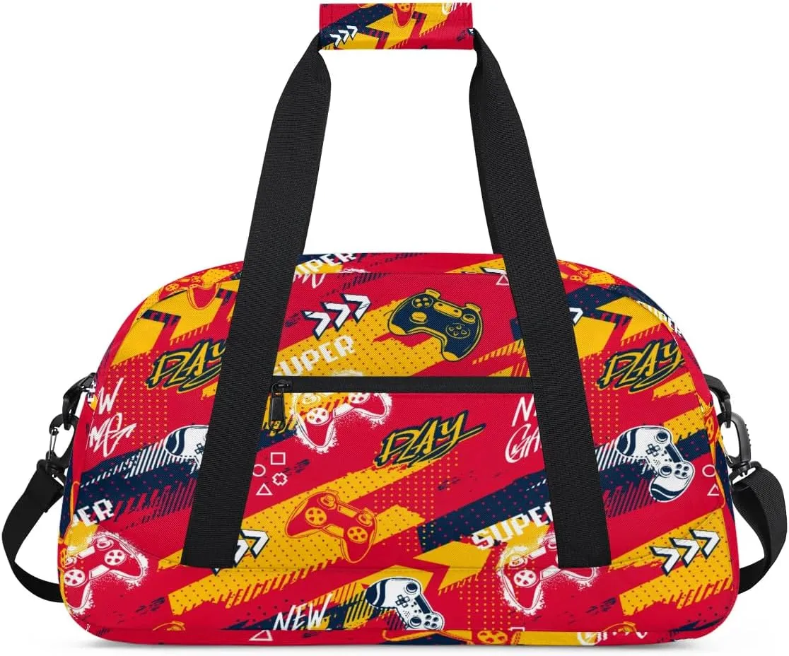 Kids Overnighter Duffel Bags for Boys Girls, Carry-On Size Sports Gym Bag for School Practice or Overnight Travel Weekender Sleepover Workout Tote Bag, Red Game Joysticks