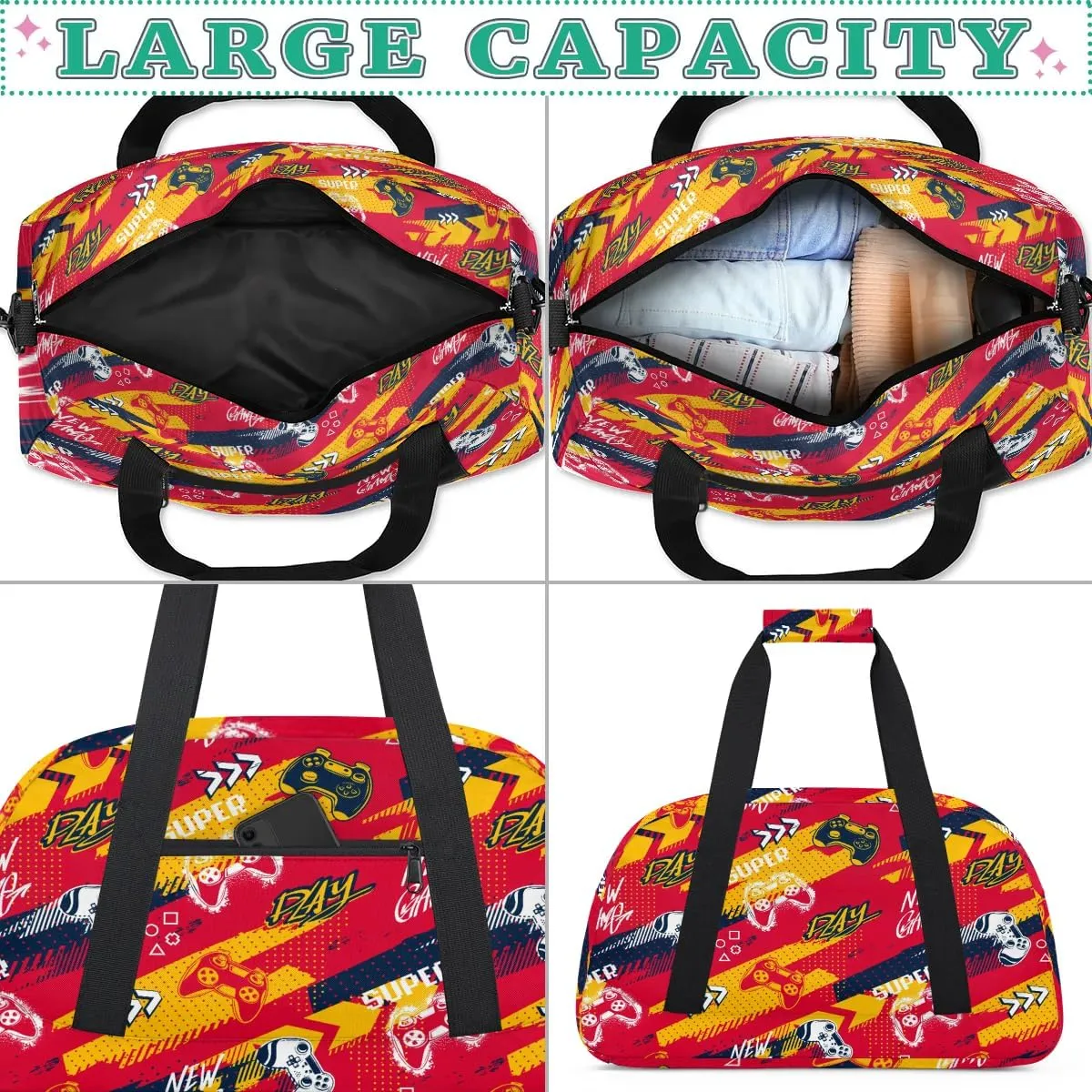 Kids Overnighter Duffel Bags for Boys Girls, Carry-On Size Sports Gym Bag for School Practice or Overnight Travel Weekender Sleepover Workout Tote Bag, Red Game Joysticks