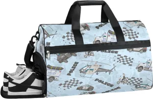 Kids Overnighter Duffel Bags for Boys Girls, Cartoon Fire Truck Airplane Carry-On Size Sports Gym Bag with Shoe Compartments for School Practice or Overnight Travel Weekender Sleepover Tote Bag