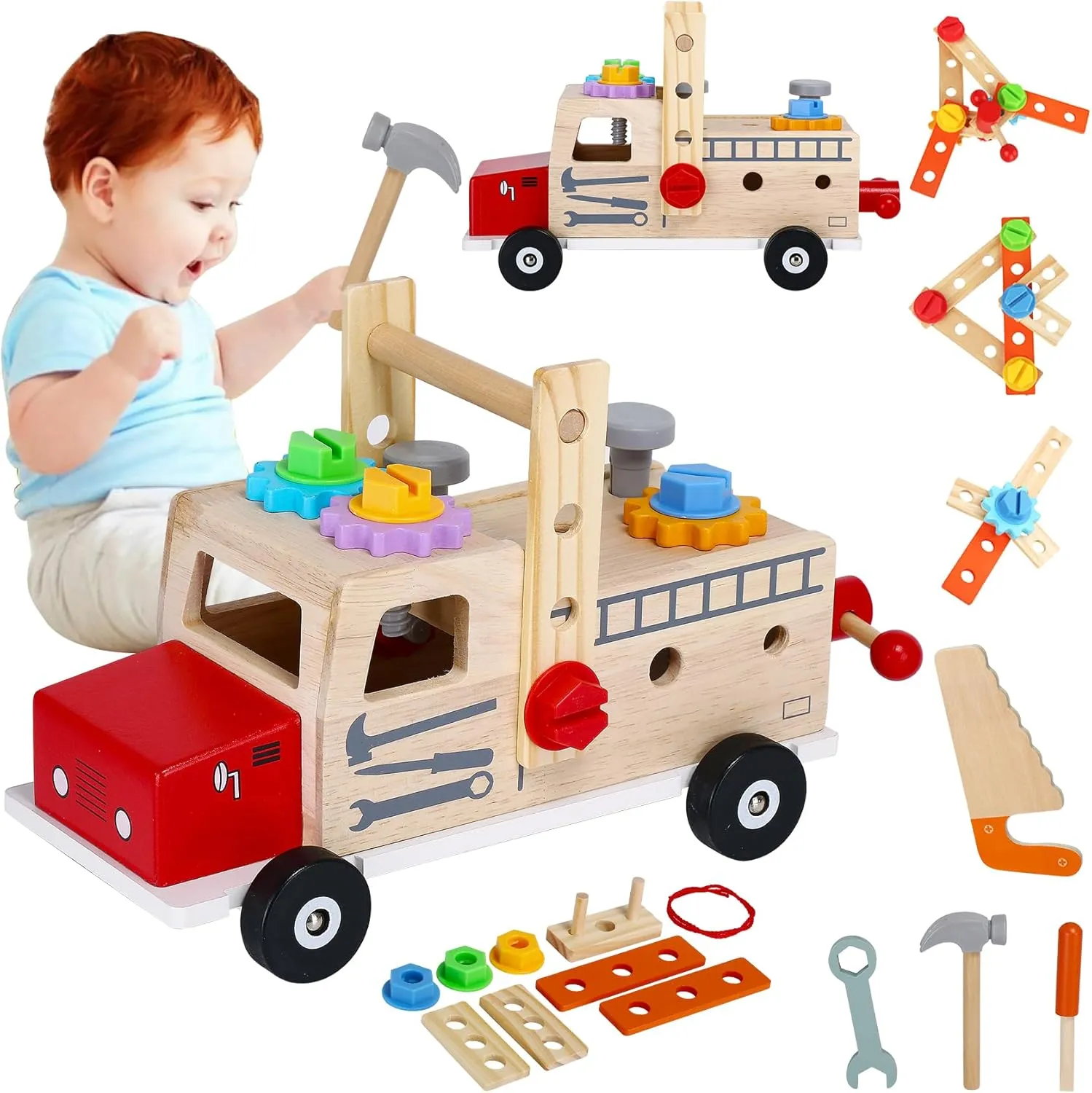 Kids Tool Set,Wooden Pretend Play Toddler Track Tool Box for 3 4 5 Year Old,Montessori STEM Educational Construction Toy for Boys and Girls