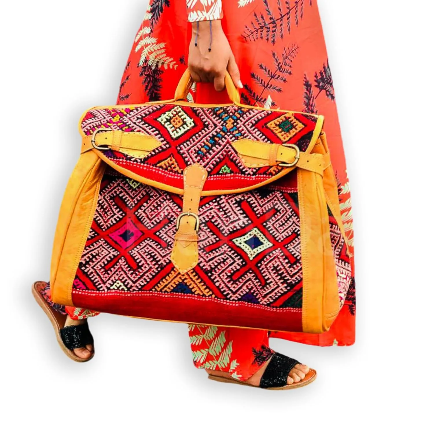 Kilim Carpet Travel Bag - Genuine Leather Duffle Bag | Moroccan Weekender Bag with Adjustable Strap | Unique Bohemian Design, Carry-On Friendly (Large, Russet orange)