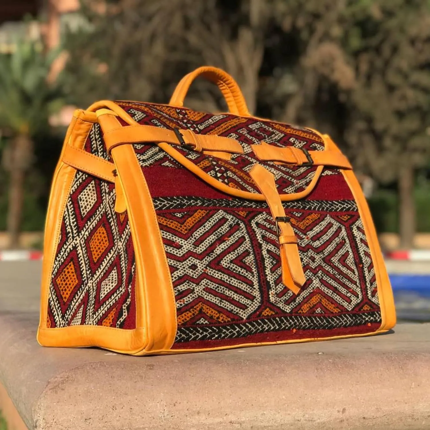 Kilim Carpet Travel Bag - Genuine Leather Duffle Bag | Moroccan Weekender Bag with Adjustable Strap | Unique Bohemian Design, Carry-On Friendly (Large, Russet orange)