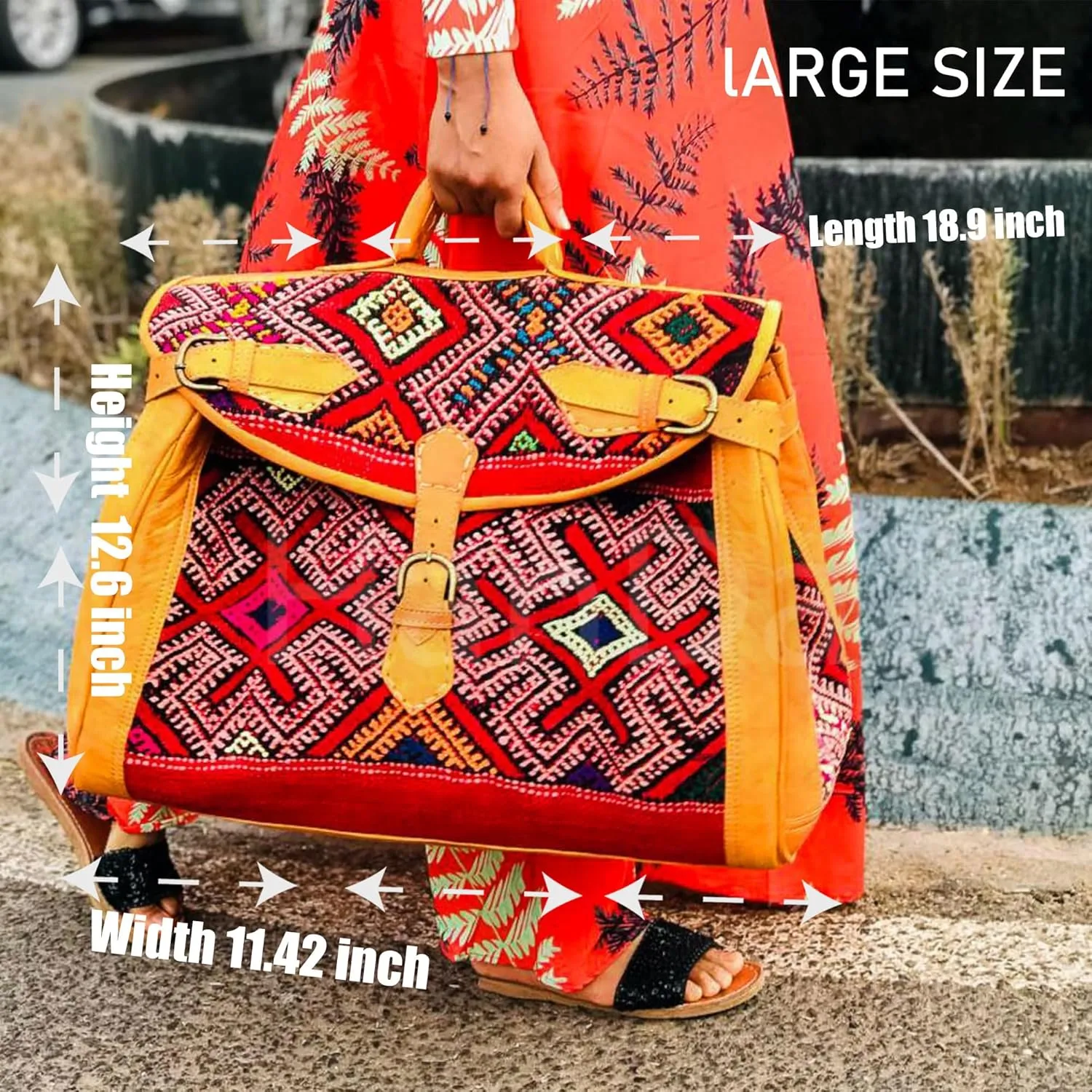 Kilim Carpet Travel Bag - Genuine Leather Duffle Bag | Moroccan Weekender Bag with Adjustable Strap | Unique Bohemian Design, Carry-On Friendly (Large, Russet orange)