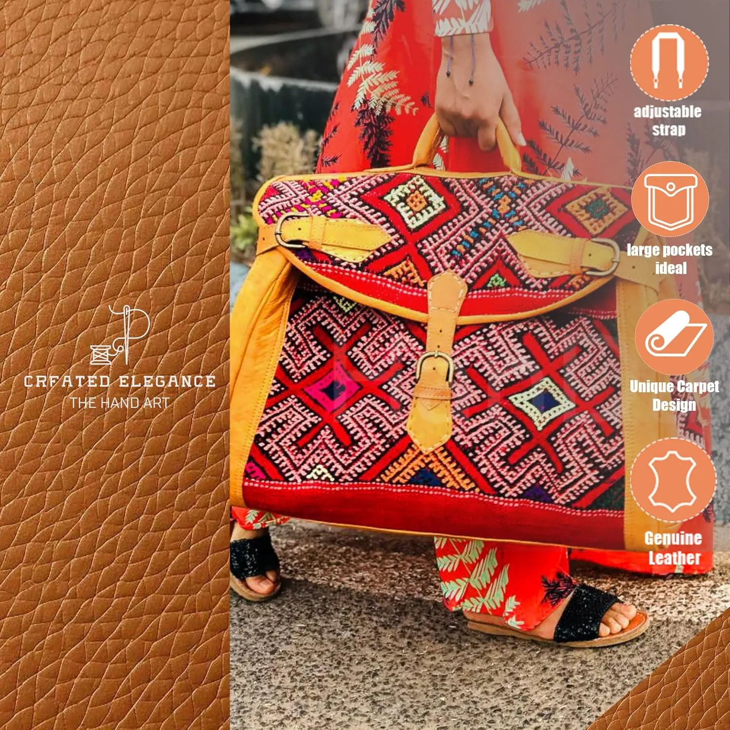 Kilim Carpet Travel Bag - Genuine Leather Duffle Bag | Moroccan Weekender Bag with Adjustable Strap | Unique Bohemian Design, Carry-On Friendly (Large, Russet orange)