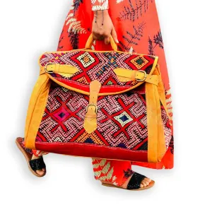 Kilim Carpet Travel Bag - Genuine Leather Duffle Bag | Moroccan Weekender Bag with Adjustable Strap | Unique Bohemian Design, Carry-On Friendly (Large, Russet orange)